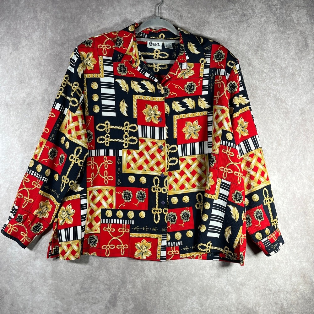Vintage EHL Blouse Womens 20W Red Blue Printed Button Up Art To‎ Wear Old Money